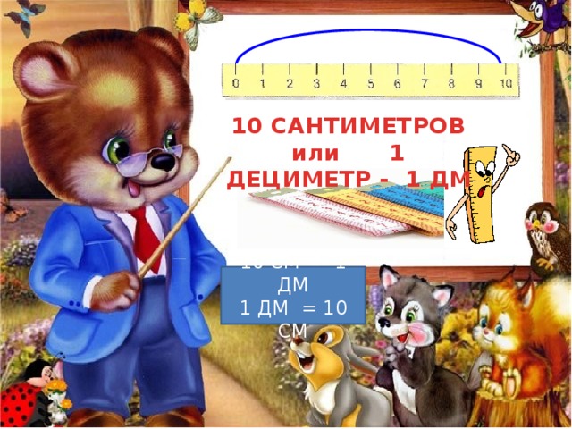 10 САНТИМЕТРОВ или 1 ДЕЦИМЕТР - 1 ДМ 10 СМ = 1 ДМ 1 ДМ = 10 СМ 