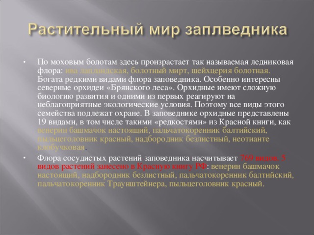 По моховым болотам здесь произрастает так называемая ледниковая флора: ива лапландская, болотный мирт, шейхцерия болотная.  Богата редкими видами флора заповедника. Особенно интересны северные орхидеи «Брянского леса». Орхидные имеют сложную биологию развития и одними из первых реагируют на неблагоприятные экологические условия. Поэтому все виды этого семейства подлежат охране. В заповеднике орхидные представлены 19 видами, в том числе такими «редкостями» из Красной книги, как венерин башмачок настоящий, пальчатокоренник балтийский, пыльцеголовник красный, надбородник безлистный, неотианте клобучковая . Флора сосудистых растений заповедника насчитывает 769 видов. 5 видов растений занесено в Красную книгу РФ : венерин башмачок настоящий, надбородник безлистный, пальчатокоренник балтийский, пальчатокоренник Траунштейнера, пыльцеголовник красный.  