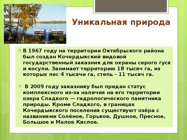 Уникальная природа В 1967 году на территории Октябрьского района был создан Кочердыкский видовой государственный заказник для охраны серого гуся и косули. Занимает территорию 18 тысяч га, из которых лес 4 тысячи га, степь – 11 тысяч га.   В 2009 году заказнику был придан статус комплексного из-за наличия на его территории озера Сладкого — гидрологического памятника природы. Кроме Сладкого, в границах Кочердыкского поселения существуют озёра с названиями Солёное, Горькое, Душное, Пресное, Большое и Малое Кислое. 