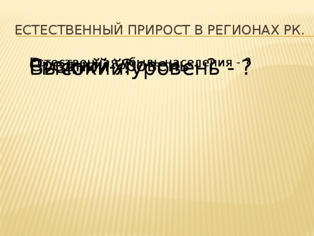 Естественный прирост в регионах РК. Естественная убыль населения - ? Естественная убыль населения - ? Низкий - ? Низкий - ? Средний уровень - ? Средний уровень - ? Высокий уровень - ? Высокий уровень - ? 