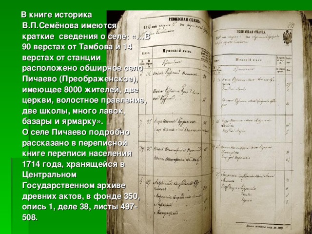  В книге историка В.П.Семёнова имеются краткие сведения о селе:  «…В 90 верстах от Тамбова и 14 верстах от станции расположено обширное село Пичаево (Преображенское), имеющее 8000 жителей, две церкви, волостное правление, две школы, много лавок, базары и ярмарку».   О селе Пичаево подробно рассказано в переписной книге переписи населения 1714 года, хранящейся в Центральном Государственном архиве древних актов, в фонде 350, опись 1, деле 38, листы 497-508. 