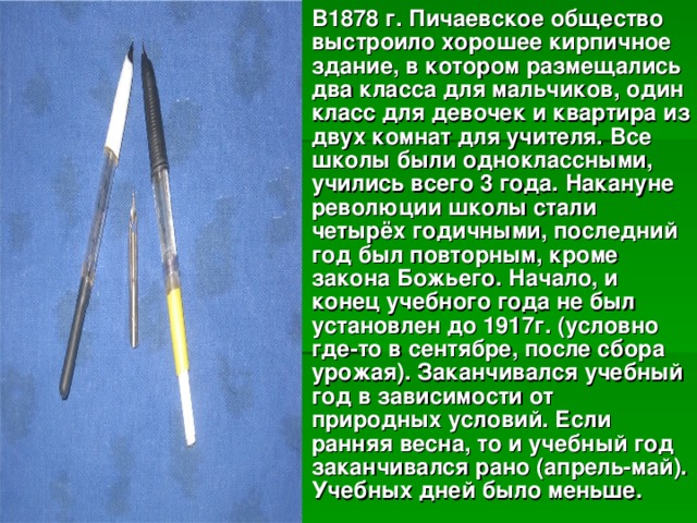 В1878 г. Пичаевское общество выстроило хорошее кирпичное здание, в котором размещались два класса для мальчиков, один класс для девочек и квартира из двух комнат для учителя. Все школы были одноклассными, учились всего 3 года. Накануне революции школы стали четырёх годичными, последний год был повторным, кроме закона Божьего. Начало, и конец учебного года не был установлен до 1917г. (условно где-то в сентябре, после сбора урожая). Заканчивался учебный год в зависимости от природных условий. Если ранняя весна, то и учебный год заканчивался рано (апрель-май). Учебных дней было меньше. 