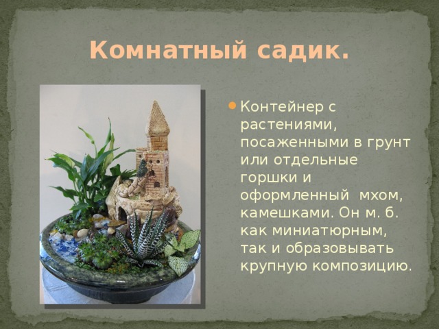 Комнатный садик. Контейнер с растениями, посаженными в грунт или отдельные горшки и оформленный мхом, камешками. Он м. б. как миниатюрным, так и образовывать крупную композицию. 