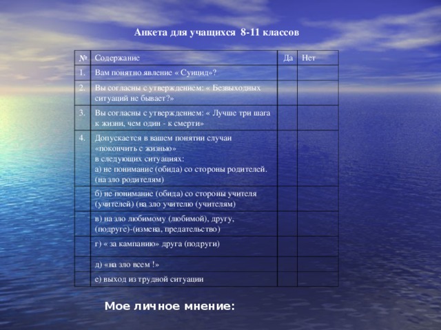 Анкета для учащихся 8-11 классов  № 1. Содержание Вам понятно явление « Суицид»? Да 2. 3. Вы согласны с утверждением: « Безвыходных ситуаций не бывает?» Нет Вы согласны с утверждением: « Лучше три шага к жизни, чем один - к смерти» 4. Допускается в вашем понятии случаи «покончить с жизнью» в следующих ситуациях: а) не понимание (обида) со стороны родителей.(на зло родителям) б) не понимание (обида) со стороны учителя (учителей) (на зло учителю (учителям) в) на зло любимому (любимой), другу, (подруге)-(измена, предательство) г) « за кампанию» друга (подруги) д) «на зло всем !» е) выход из трудной ситуации Мое личное мнение:  тема: « Суицид среди несовершеннолетних».  тема: « Суицид среди несовершеннолетних». 