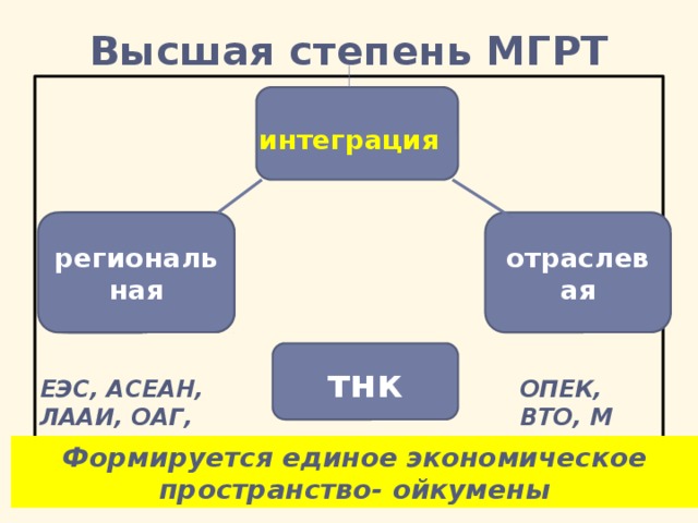 Высшая степень МГРТ интеграция региональная региональная региональная отраслевая тнк ЕЭС, АСЕАН, ЛААИ, ОАГ, ОАЕ, АТЭС ОПЕК, ВТО, М Формируется единое экономическое пространство- ойкумены 