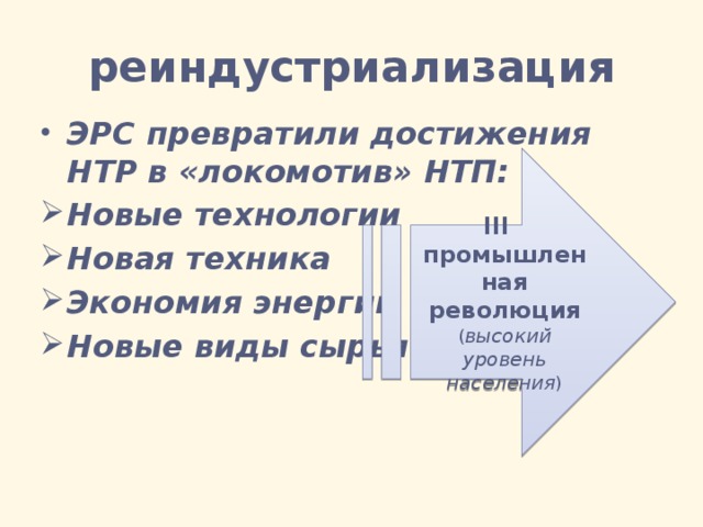 реиндустриализация ЭРС превратили достижения НТР в «локомотив» НТП: Новые технологии Новая техника Экономия энергии Новые виды сырья III промышленная революция ( высокий уровень населения ) 