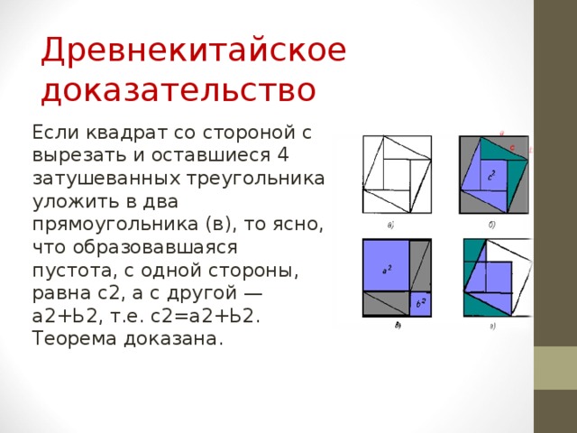 Древнекитайское доказательство Если квадрат со стороной с вырезать и оставшиеся 4 затушеванных треугольника уложить в два прямоугольника (в), то ясно, что образовавшаяся пустота, с одной стороны, равна с2, а с другой — а2+Ь2, т.е. с2=а2+Ь2. Теорема доказана. 