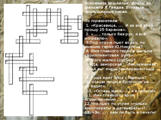 Вспомните крылатые фразы из фильмов Л.Гайдая. Вставьте пропущенные слова.  По горизонтали:  1. «Красавица, …. И за всё это я прошу 25 баранов».  2. « … , только без рук, я всё исправлю».  3.Под что не пьют водку, по мнению героя Ю.Никулина?  4. Имя главного героя в фильме «Бриллиантовая рука».  5 . Кого жалко Шурику?  6.«Да, заморская …-баклажанная.  7. «А вы- очень темпераментный …  8. Куда едет Зина с Якиным?  9. «Наши люди в булочную на … не ездят».  10. «Оставь меня, … , я в печали».  11. Имя главного героя «Приключений …» 12.Что пьют по утрам «только аристократы и дегенераты»? 13. «Эх, ... , нам ли быть в печали! 