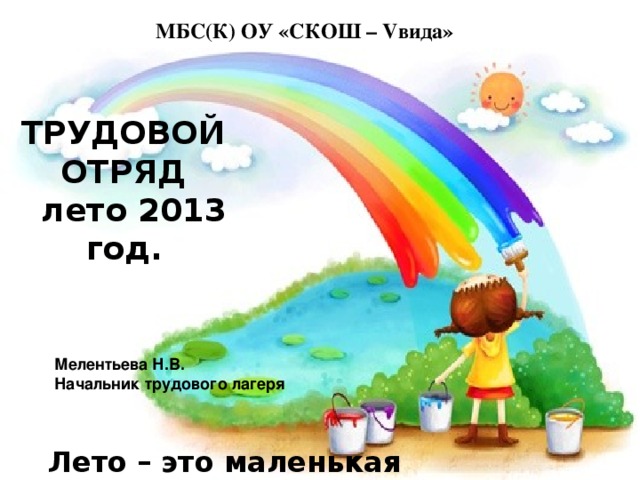 МБС(К) ОУ «СКОШ – V вида» ТРУДОВОЙ ОТРЯД  лето 2013 год.  Мелентьева Н.В. Начальник трудового лагеря Лето – это маленькая жизнь ! 