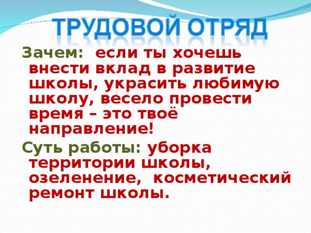 Зачем: если ты хочешь внести вклад в развитие школы, украсить любимую школу, весело провести время – это твоё направление! Суть работы: уборка территории школы, озеленение, косметический ремонт школы.   