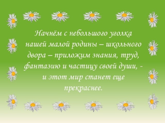 Проблемность  - школьный двор находится в неудовлетворительном состоянии;   - пришкольный участок недостаточно озеленен;   - школьники имеют невысокий уровень природоохранной активности.  