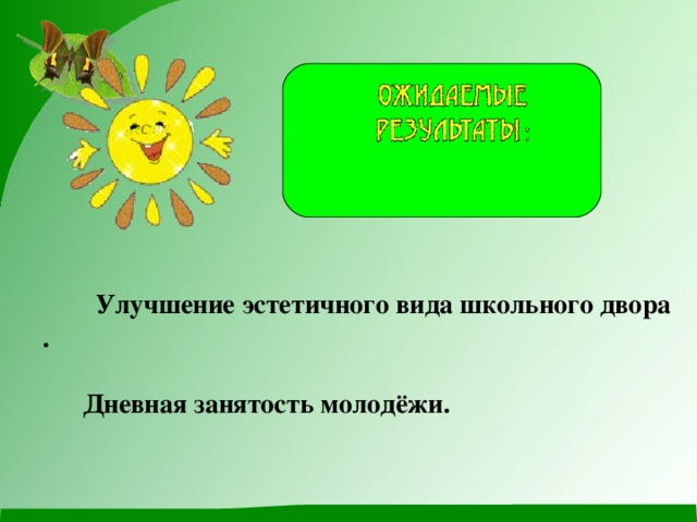  Улучшение эстетичного вида школьного двора .   Дневная занятость молодёжи.  