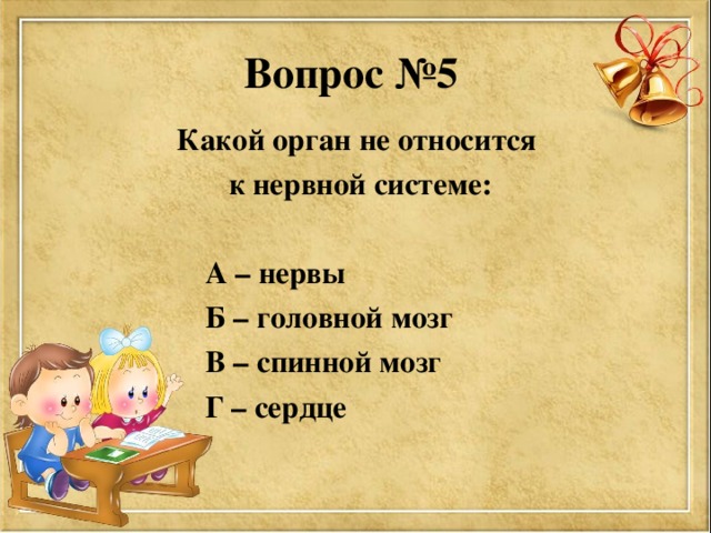 Вопрос №5 Какой орган не относится  к нервной системе:   А – нервы  Б – головной мозг  В – спинной мозг  Г – сердце 