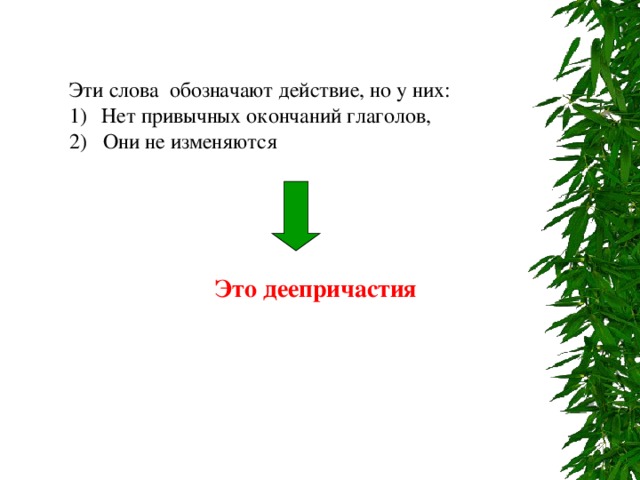 Эти слова обозначают действие, но у них: Нет привычных окончаний глаголов, 2) Они не изменяются Это деепричастия 