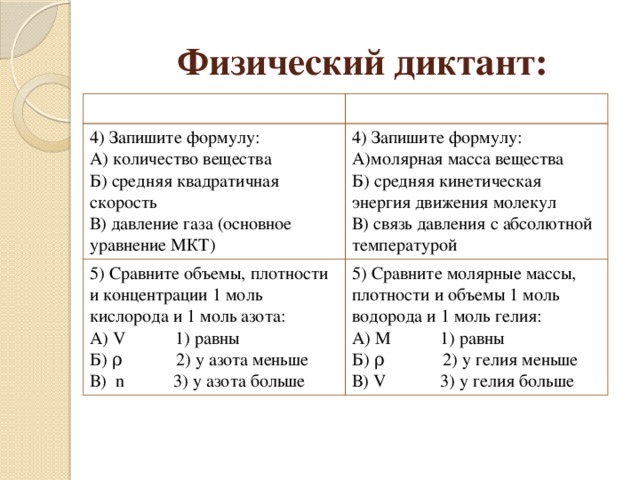 Физический диктант 8 класс