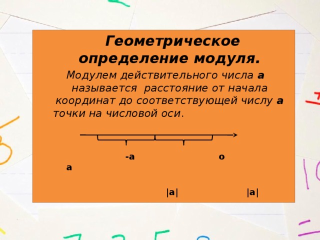  Геометрическое определение модуля.  Модулем действительного числа а называется расстояние от начала координат до соответствующей числу а точки на числовой оси .  -а о а   |а| |а|   