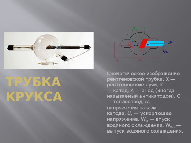 Схематическое изображение рентгеновской трубки. X — рентгеновские лучи, K — катод, А — анод (иногда называемый антикатодом), С — теплоотвод,  U h  —напряжения накала катода,  U a  — ускоряющее напряжение, W in  — впуск водяного охлаждения, W out  — выпуск водяного охлаждения. трубка Крукса 