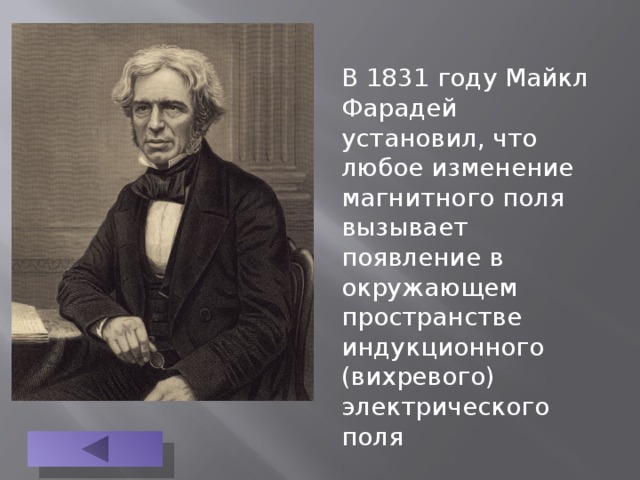 В 1831 году Майкл Фарадей установил, что любое изменение магнитного поля вызывает появление в окружающем пространстве индукционного (вихревого) электрического поля 