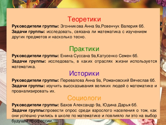 Теоретики Руководители группы: Згонникова Анна 9а,Ровенчук Валерия 6б. Задачи группы: исследовать, связана ли математика с изучением других предметов и насколько тесно. Практики Руководители группы: Енина Суссана 9а,Катусенко Семен 6б. Задачи группы: исследовать, в каких отраслях жизни используется математика. Историки Руководители группы: Перевалова Анна 9а, Романовский Вячеслав 6б. Задачи группы: изучить выссказывания великих людей о математике и проанализировать их. Социологи Руководители группы: Бахов Александр 9а, Юдина Дарья 6б. Задачи группы: провести опрос среди взрослого населения о том, как они успешно учились в школе по математике и повлияло ли это на выбор будущей профессии. 