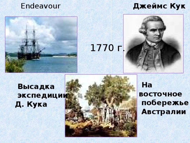 Endeavour Джеймс Кук  1770 г.  На восточное  побережье  Австралии  Высадка  экспедиции  Д. Кука 