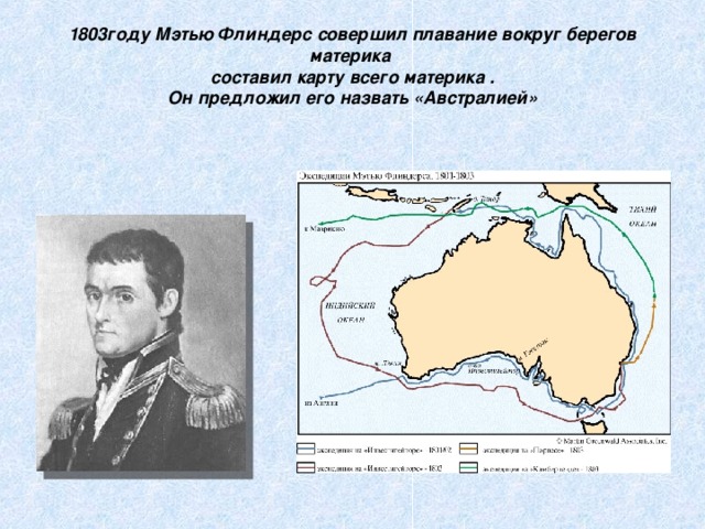 1803году Мэтью Флиндерс совершил плавание вокруг берегов материка  составил карту всего материка .  Он предложил его назвать «Австралией» 