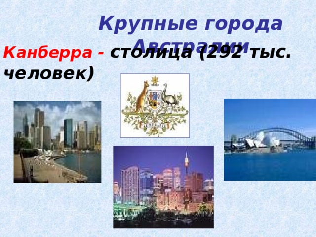 Крупные города Австралии Канберра - столица (292 тыс. человек) 