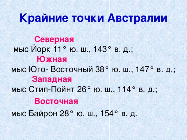 Крайние точки Австралии  Северная  мыс Йорк 11° ю. ш., 143° в. д.;  Ю жная   мыс Юго- Восточный 38° ю. ш., 147° в. д.;  З ападная мыс Стип-Пойнт 26° ю. ш., 114° в. д.;  В осточная  мыс Байрон 28° ю. ш., 154° в. д. 