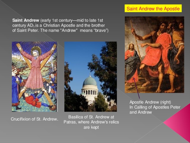 Saint Andrew the Apostle Saint Andrew (early 1st century—mid to late 1st century AD ), is a Christian Apostle and the brother of Saint Peter. The name 