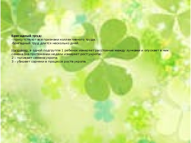       Бригадный труд:  - присутствуют все признаки коллективного труда;  -бригадный труд длится несколько дней.   Например: в одной подгруппе 1 ребенок измеряет расстояние между лунками и опускает в них семена (на протяжении недели измеряет рост укропа);  2 – поливает семена укропа;  3 – убирает сорняки в процессе роста укропа.     