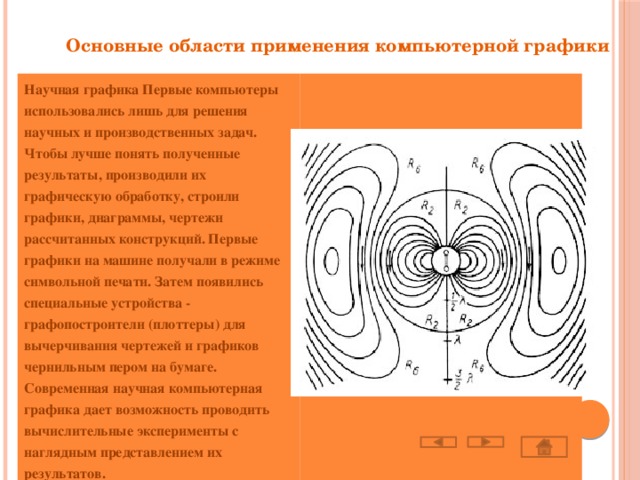 Основные области применения компьютерной графики Научная графика Первые компьютеры использовались лишь для решения научных и производственных задач. Чтобы лучше понять полученные результаты, производили их графическую обработку, строили графики, диаграммы, чертежи рассчитанных конструкций. Первые графики на машине получали в режиме символьной печати. Затем появились специальные устройства - графопостроители (плоттеры) для вычерчивания чертежей и графиков чернильным пером на бумаге. Современная научная компьютерная графика дает возможность проводить вычислительные эксперименты с наглядным представлением их результатов. 