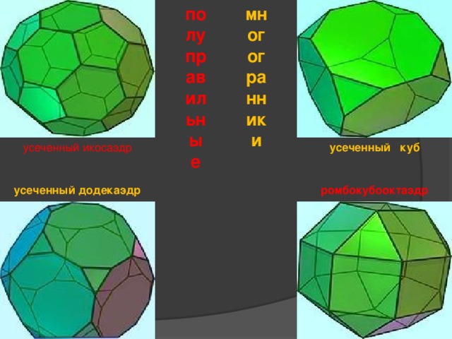 полуправильные многогранники усеченный икосаэдр усеченный куб усеченный додекаэдр ромбокубооктаэдр 