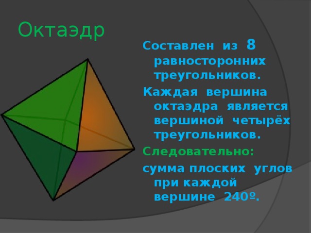 Октаэдр Составлен из 8 равносторонних треугольников. Каждая вершина октаэдра является вершиной четырёх треугольников. Следовательно: сумма плоских углов при каждой вершине 240º. 