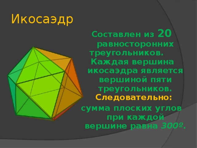 Икосаэдр  Составлен из 20 равносторонних треугольников. Каждая вершина икосаэдра является вершиной пяти треугольников. Следовательно: сумма плоских углов при каждой вершине равна 300º .  