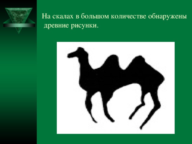 На скалах в большом количестве обнаружены древние рисунки. 