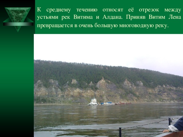 К среднему течению относят её отрезок между устьями рек Витима и Алдана. Приняв Витим Лена превращается в очень большую многоводную реку.  