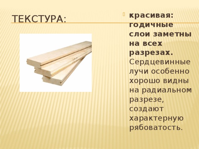 Текстура: красивая: годичные слои заметны на всех разрезах. Сердцевинные лучи особенно хорошо видны на радиальном разрезе, создают характерную рябоватость. 