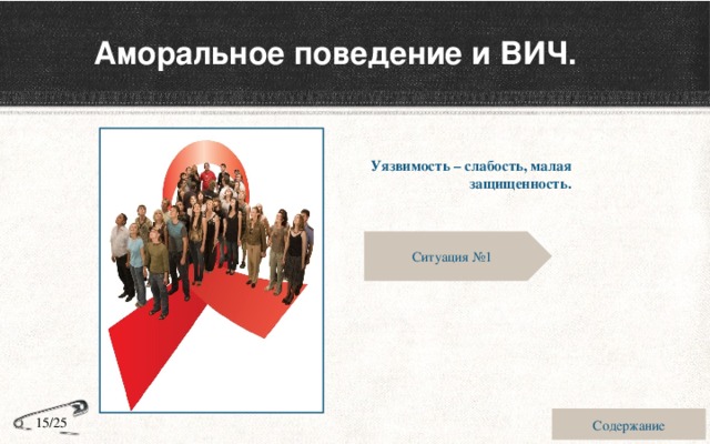 Аморальное поведение и ВИЧ. Уязвимость – слабость, малая защищенность. Ситуация №1 Содержание 15/25 