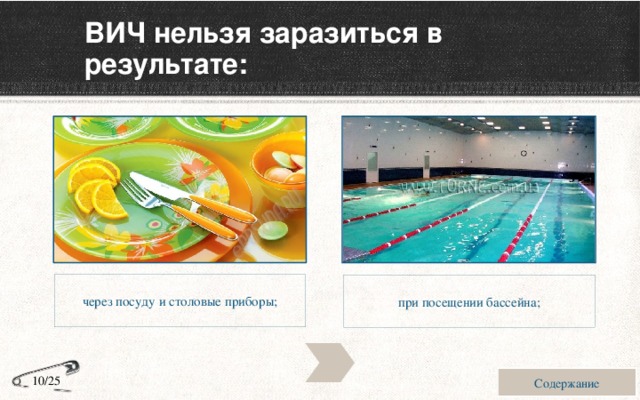 ВИЧ нельзя заразиться в результате: через посуду и столовые приборы; при посещении бассейна; Содержание 10/25 