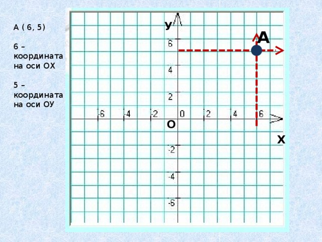У А ( 6, 5) 6 – координата на оси ОХ 5 – координата на оси ОУ А О Х 