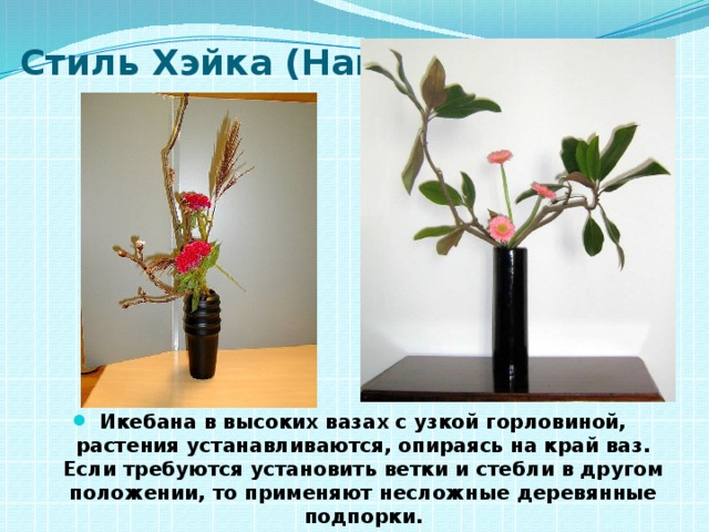 Стиль Хэйка (Нагэирэ) Икебана в высоких вазах с узкой горловиной, растения устанавливаются, опираясь на край ваз. Если требуются установить ветки и стебли в другом положении, то применяют несложные деревянные подпорки. 