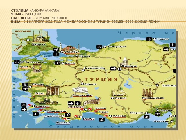  Столица - Анкара (Ankara)  Язык - турецкий  Население - 70,5 млн. человек  Виза - с 16 апреля 2011 года между Россией и Турцией введен безвизовый режим    