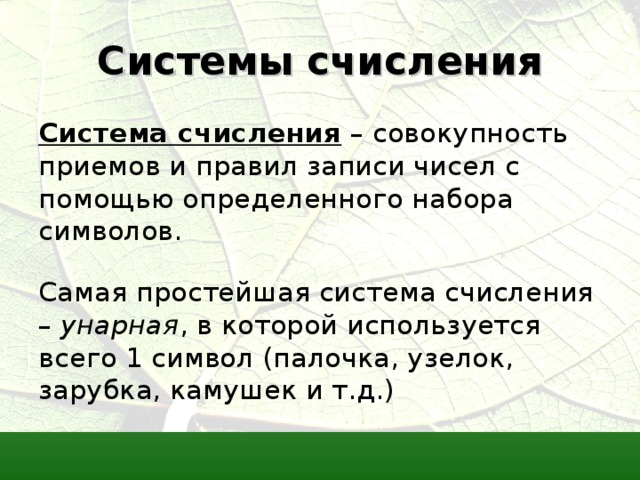 Системы счисления Система счисления унарная 