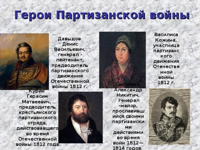 Перечислите персонажей. Герои Партизаны Отечественной войны 1812. Герои Партизанской войны 1812. Предводитель партизанского движения 1812 Денис Давыдов. Герои Партизанской войны 1812 года.