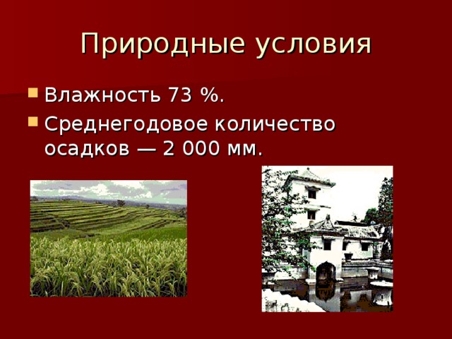 Природные условия Влажность 73 %. Среднегодовое количество осадков — 2 000 мм. 