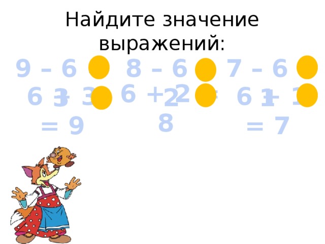 Найдите значение выражений: 9 – 6 = 3 7 – 6 = 1 8 – 6 = 2 6 + 2 = 8 6 + 3 = 9 6 + 1 = 7  