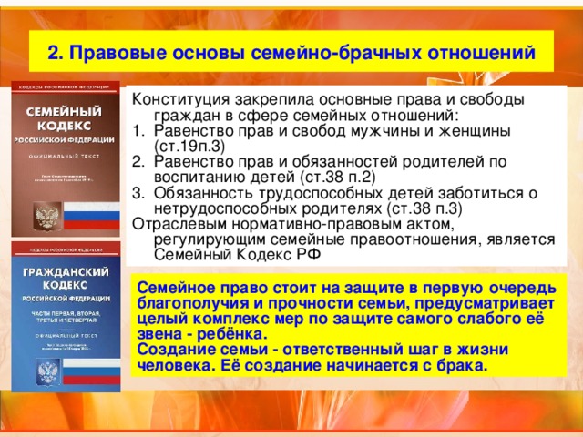 2. Правовые основы семейно-брачных отношений Конституция закрепила основные права и свободы граждан в сфере семейных отношений: Равенство прав и свобод мужчины и женщины (ст.19п.3) Равенство прав и обязанностей родителей по воспитанию детей (ст.38 п.2) Обязанность трудоспособных детей заботиться о нетрудоспособных родителях (ст.38 п.3) Отраслевым нормативно-правовым актом, регулирующим семейные правоотношения, является Семейный Кодекс РФ Семейное право стоит на защите в первую очередь благополучия и прочности семьи, предусматривает целый комплекс мер по защите самого слабого её звена - ребёнка. Создание семьи - ответственный шаг в жизни человека. Её создание начинается с брака. 