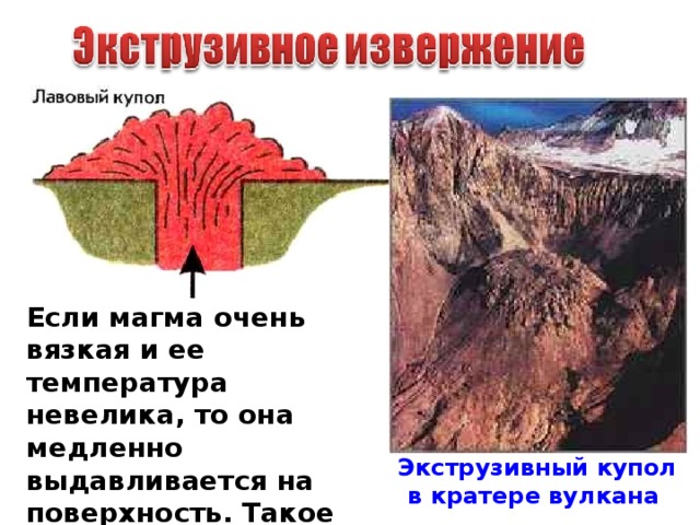 Если магма очень вязкая и ее температура невелика, то она медленно выдавливается на поверхность. Такое извержение называется экструзивным . Экструзивный купол в кратере вулкана 