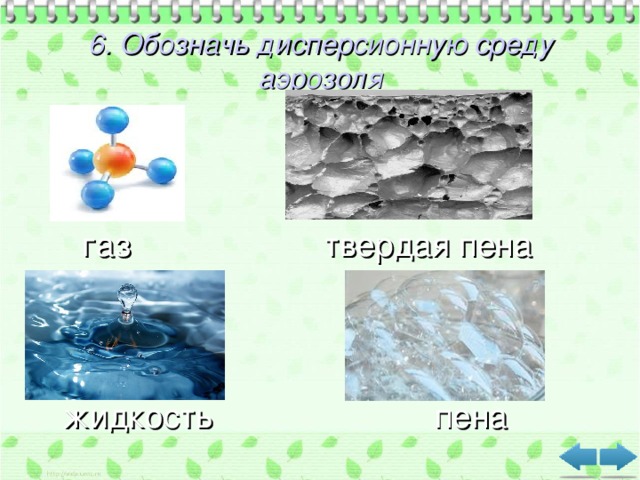 6. Обозначь дисперсионную среду аэрозоля  газ твердая пена  жидкость пена  