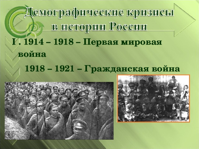 I . 1914 – 1918 – Первая мировая война  1918 – 1921 – Гражданская война  