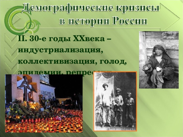  II . 30-е годы XX века – индустриализация, коллективизация, голод, эпидемии, репрессии  